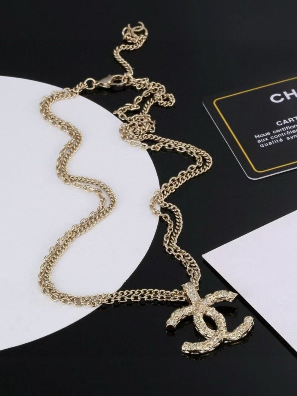 Chanel Double C Logo Necklace with Engraved Chain & Crystal
